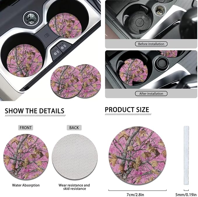 KEIAHUAN Car Seat Covers Set for Women Men Camo Hunting Design Includes Gear Shift Cover&Handbrake Cover+Stretchy Steering Wheel Cover+Small Cup Coasters+Car Headrest Covers Auto Interior Accessories