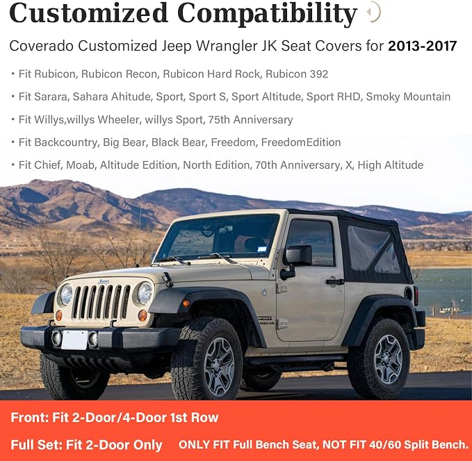 Coverado JK Seat Covers for Jeep Wrangler, Custom Fit for Pickup Truck Jeep Wrangler Seat Covers 2/4 Door, Waterproof Leather Car Seat Covers Cushions for Jeep Wrangler Accessories 2013-2017(Red Line)