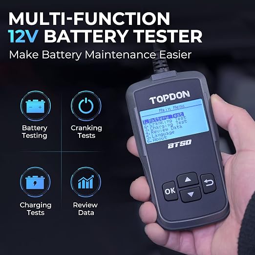 Car Battery Tester TOPDON BT50, 12V Battery Load Tester, 100-2000 CCA Automotive Alternator Tester Digital Battery Analyzer Charging Cranking System for Car Truck Motorcycle ATV SUV Boat Yacht