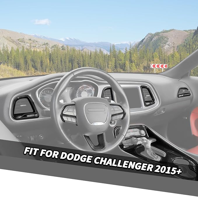Jimen Fit for Dodge Challenger 2015-2023, 9PCS Carbon Fiber Interior Kits - Dash Air Conditioning Vent Cover, Gear Shifter Panel Trim