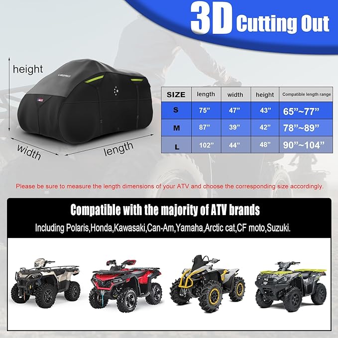600D ATV Cover - Waterproof Heavy Duty Trailerable 4 Wheeler Quad Cover - All Season Weather Proof Outdoor UV Protection for Polaris Kawasaki Yamaha Suzuki Can-Am - Black/Gray