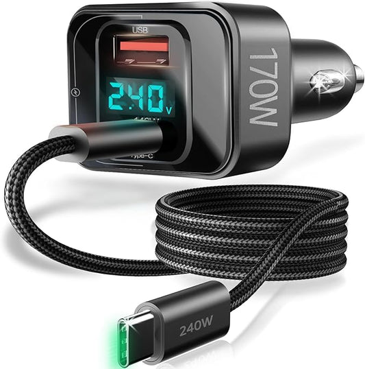 170W USB C Car Charger, PD3.1 140W+30W Fast Charging Adapter with 240W Cable, Multi-Port USB-C Car Charger Compatible with Laptop MacBook iPhone 17/16/15 Pro Max Samsung S24 Ultra iPad (Black)