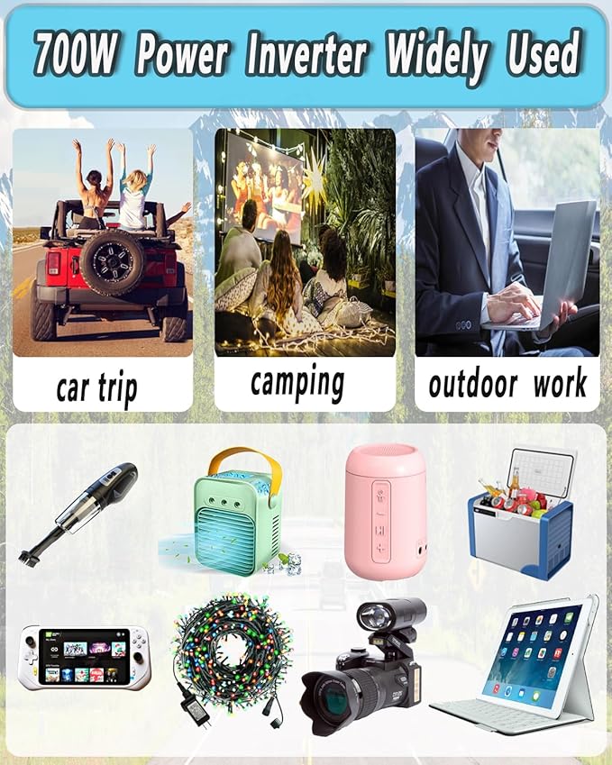 700W Power Inverter DC 12V to 110V/120V AC Car Converter with 1AC Outlet & 1 USB Port, AC Outlet for Laptop/TV, USB for Phone iPad, for Car RV Truck Camping Emergency Home Use