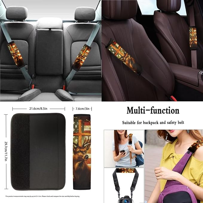Suobstales Deer Cross American Flag Print Car Seat Covers 11 Pcs Car Accessories Interior Set Auto Front Rear Split Seats Protectors with Steering Wheel Cover, Seatbelt Pads, Cup Holder, Keychain