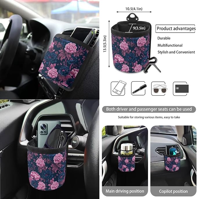 Peony Floral Pattern Car Accessories Set of 15 Bucket Seat and Rear Bench Cover Steering Wheel Cushion Seatbelt Pad Trash Bin Rearview Mirror Cover Keychain Air Outlet Bag Cup Holders
