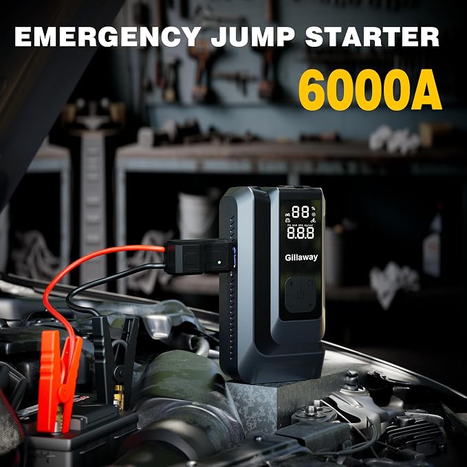 Jump Starter 6000A Car Jumper Starter Portable with 150PSI Tire Inflator, Battery Jumper Starter Portable, Air Compressor, Flashlight