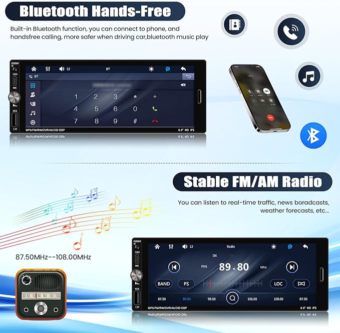 Single Din Touchscreen Car Stereo with Wireless Carplay&Android Auto,6.9 Inch Car Radio MP5 Player with Bluetooth FM Radio EQ Car Audio with USB/Type-C SWC+Backup Camera+Microphone