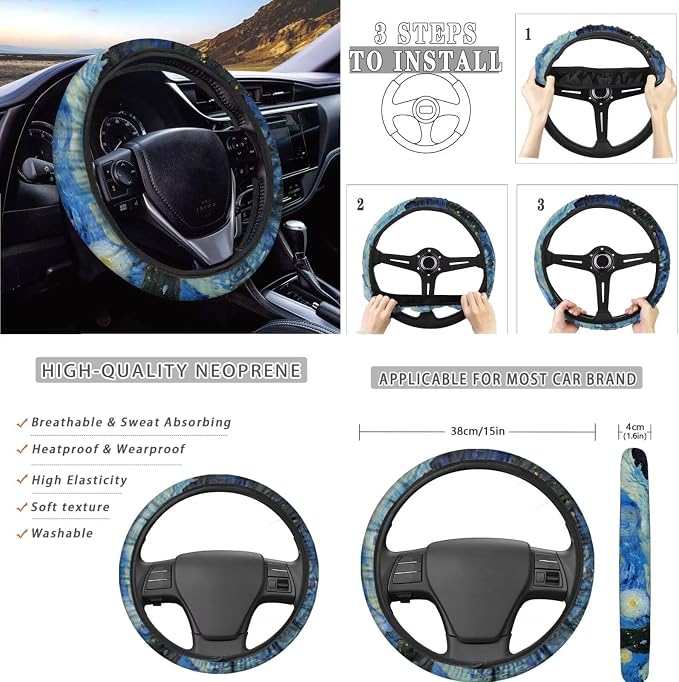 AFPANQZ Car Seat Covers Full Set for Women with Seat Belt Shoulder Pads, Cup Holder, Blue Starry Sky Steering Wheel Cover, Gear Shift Knob Cover, Handbrake Protector Full Set of 11