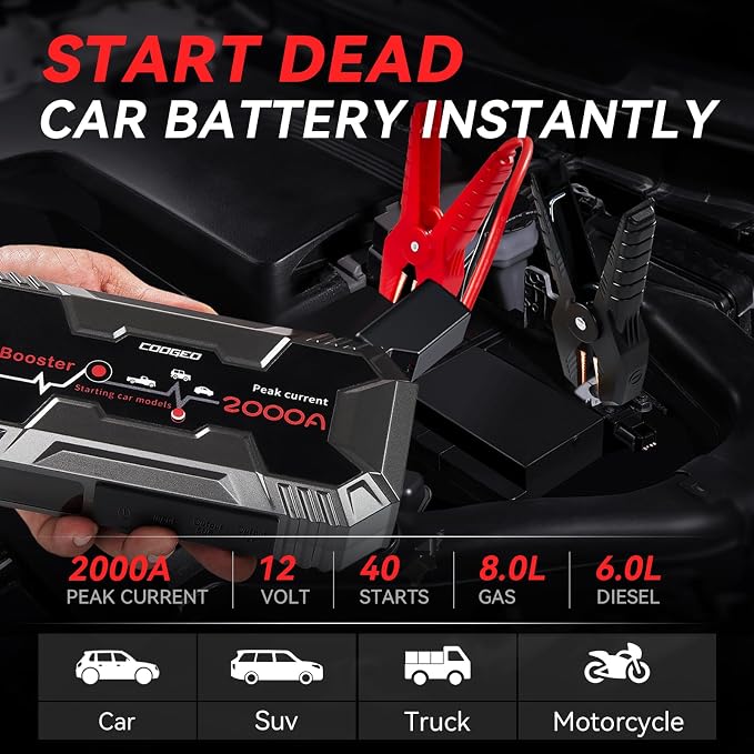 Fathers Day Dad Gifts for Men, Car Battery Jump Starter Portable, 2000A Jump Starter Battery Pack for 8.0L Gasoline and 6.0L Diesel Engines, 12V Jump Box for Car Battery with EC8 Jumper Cables, Black