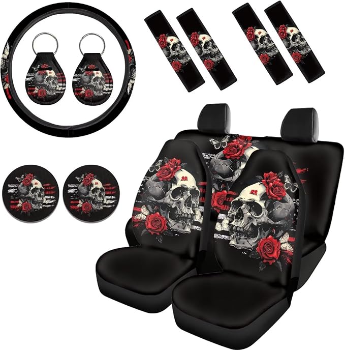 Howilath Gothic Skull Red Rose Car Seat Cover Set of 13 Anti-Slip Front Back Seat Covers with Auto Steering Wheel Pads/Seat Belt Cushion/Keychains/Cup Mat Accessories Interior Decor, Easy to Install
