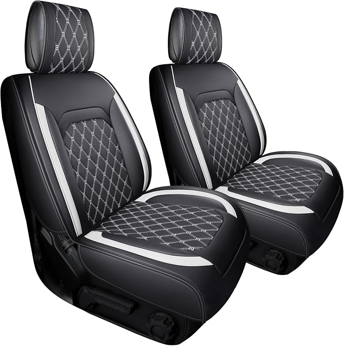Aierxuan Wrangler JK JL Front Seat Covers Custom Fit 2/4 Door 2007-2026 Unlimited Rubicon 392 Sahara Willys Sport High Altitude Truck Pickup Waterproof Leather Cushions, Black-White