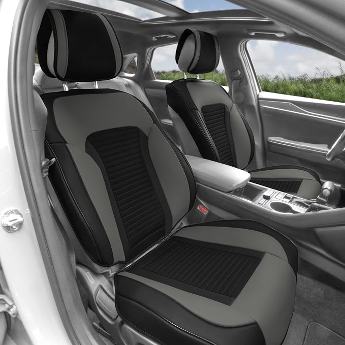 FH Group Car Seat Covers Front Set Gray Faux Leather Car Seat Cushions - Car Seat Covers for Low Back Seat, Universal Fit, Automotive Seat Covers, Airbag Compatible Car Seat Cover for SUV, Sedan