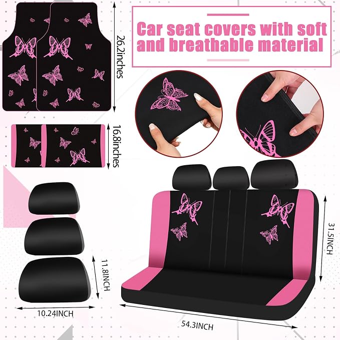 BBTO 47 Pcs Car Seat Full Set Car Accessories for Women 5 Front Rear Seat Covers Wrist Strap 2 Pieces Cup Mat Armrest Pad 2 Belt Cover Accessories for SUV(Pink Black)
