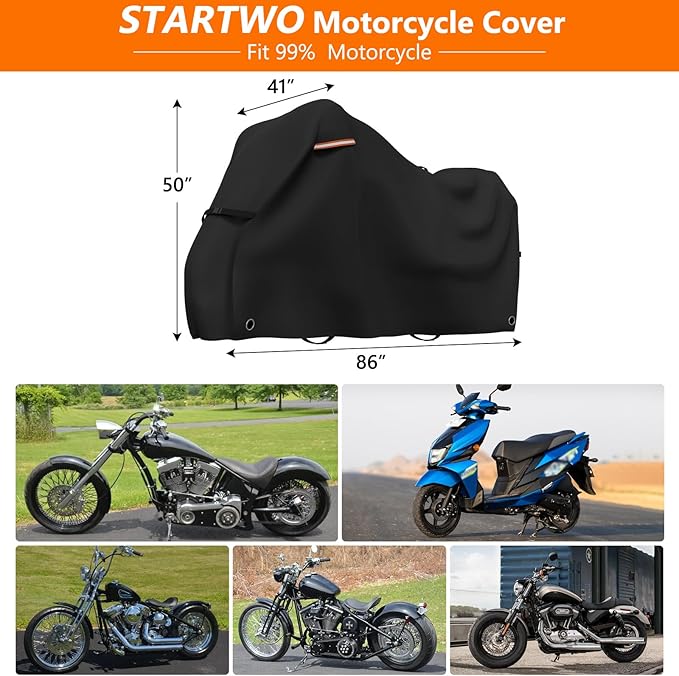 STARTWO Motorcycle Cover Lock-Holes and Storage Bag All Season Universal Night Reflective Universal Heavy Duty Motorcycle Vehicle Cover-86 L x 41" W x 50" H Black