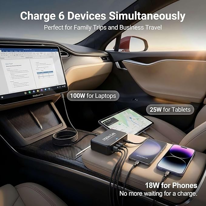 200W 6-Ports Fast USB C Car Charger，PD Type C Laptop Car Charger Power Adapter for MacBook pro/Air,Dell XPS 15/17,Lenovo/HP Laptop,QC3.0/PPS Car Charger for iPhone 17/16/15, Galaxy S26 Ultra/S25,ect