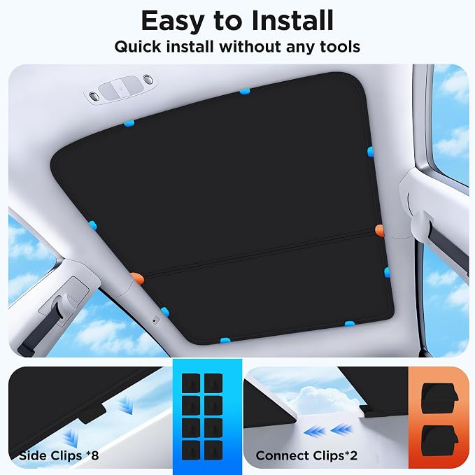 2026 Upgraded for Tesla Model Y Accessories Sunshade Roof [No Sag, Ice-Crystal Cooling Coatings] Heat Insulation Glass Roof Sun Shade for Tesla Model Y Accessories 2020-2024 Black