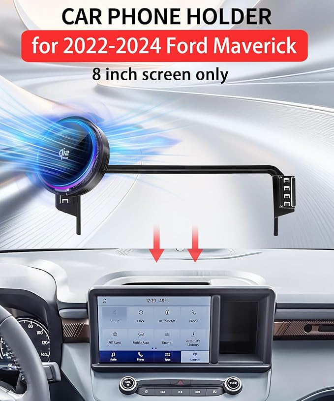 Qi2.2 25W Magnetic Car Mount Charger for 2022 2023 2024 Ford Maverick Accessories, for Fast Charging Cell Phone Holder 8 Inch Screen Fixed Clip with Cooling Fan＆54W Fast Adapter