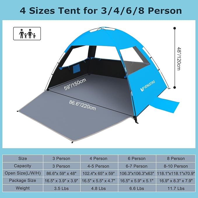 Venustas Beach Tent Sun Shelter for 3/4/6/8 Person, UPF 50+ UV Protection Beach Canopy, Lightweight and Easy Setup Cabana, Portable Shade Tent