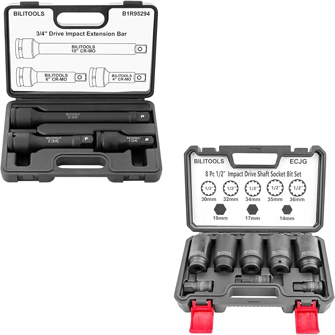 BILITOOLS 3/4 inch Drive Extension Set &1/2" Drive Deep Axle Nut Spindle Impact Socket Set | 12 Point | CR-MO | 14-17 - 19-30 - 32-34 - 35-36 mm