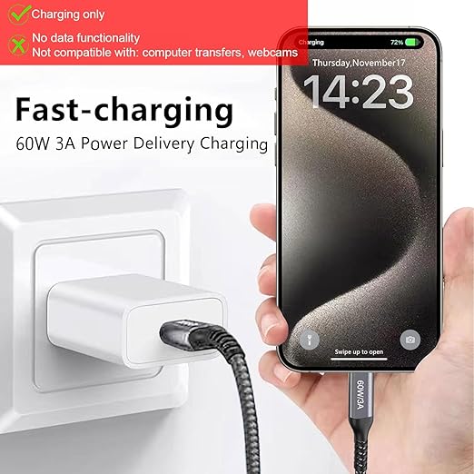 30FT USB-C to USB-C Cable 60W(no data), Extra Long USB Type-C to Type-C Cable 2.0, USB C Charger Cable for iPhone 15,MacBook Pro 2020,iPad Air 5th,Galaxy S24 S23 S22,Note 20,Pixel 7,Switch,Moto,Grey