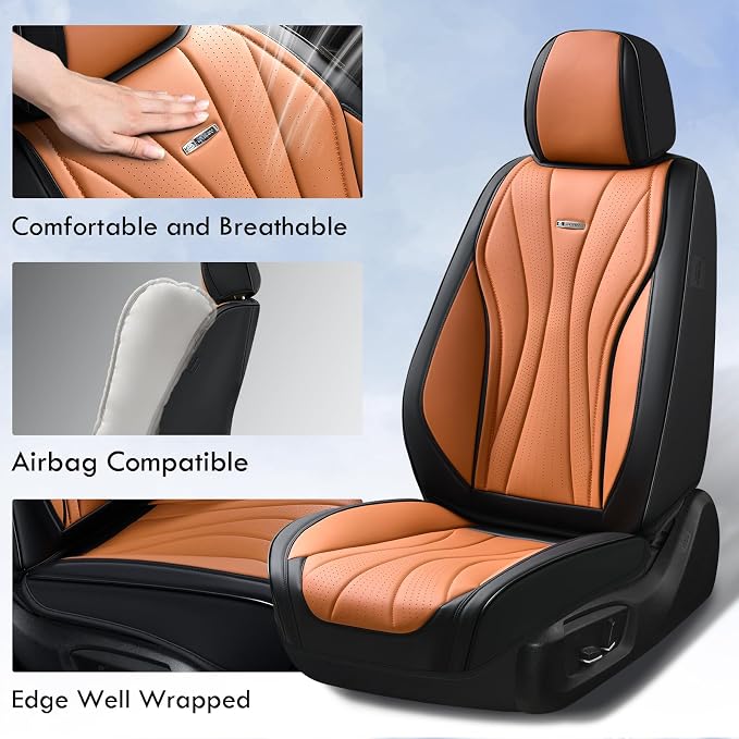 Coverado Car Seat Covers, Automotive Seat Covers for Front Seat, Waterproof Leather Car Seat Protector, Universal Seat Cover for Cars, Car Seat Cushion for Most Sedans, SUV, Trucks (Black&Brown)