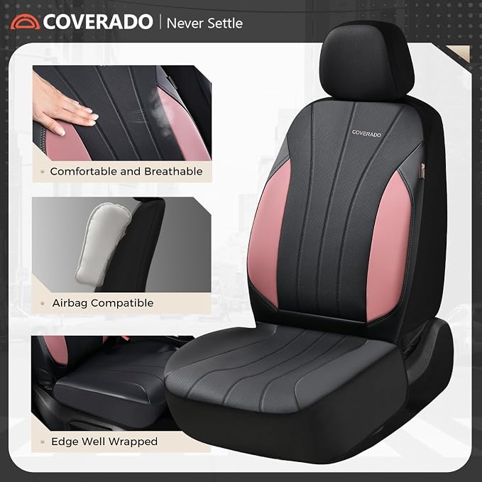 Coverado Car Seat Covers Full Set, 5 Seats Waterproof Nappa Leather Automotive Seat Protectors, Front & Rear Luxury Mesh Seat Covers, All-Weather Universal Fit for Most Cars SUVs, Trucks,Black&Pink