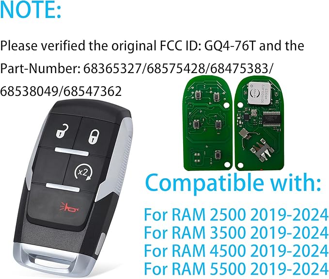 Smart Key for Dodge RAM 2019-2024, Alliskeys Vehicle Proximity Remote Control Key Fob Replacement for RAM 2500 3500 4500 5500 GQ4-76T 68365327