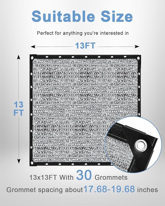 vensovo 85% Aluminum Shade Cloth - Reflective Aluminium Shade Netting Sun Shade Cover with Grommets for Cars, Dogs, Outdoor, RV, Patio (13x13FT)
