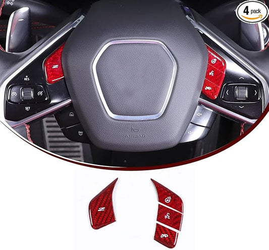 Dry Carbon Fiber Central Control Steering Voice Button Molding Cover for Corvette C8 2020-2024 2025 Accessories 4PCS Center Steering Control Button Trim Cover with Heated Button Interior Sticker (Red)