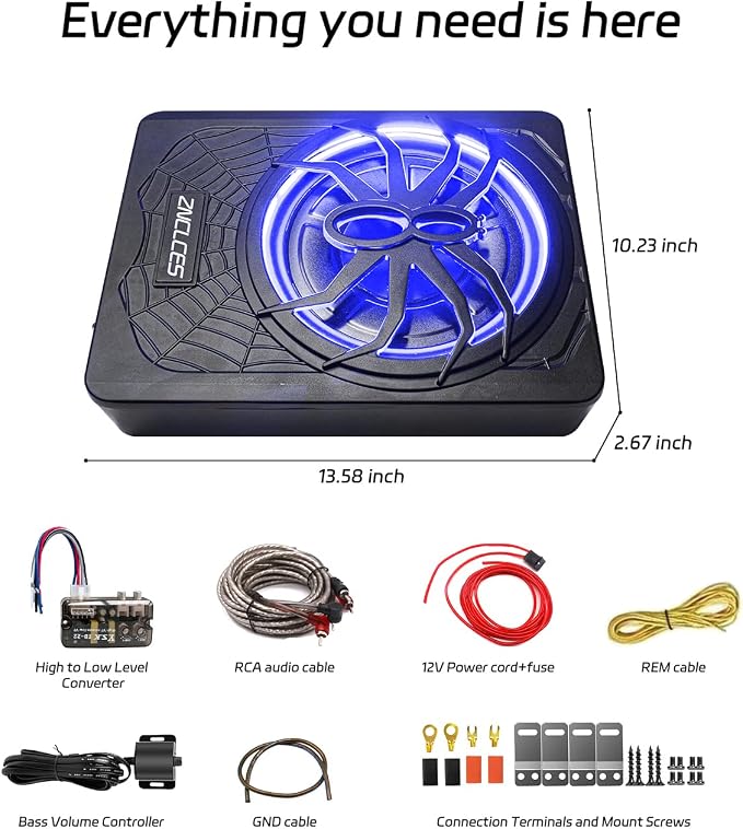 Znclces 2025 Upgraded 10" 1200W Slim Under Seat Powered Car Subwoofer, Car/Truck Sub Built in Amplifier for Outstanding Heat Dissipation, Powerful bass and Blue LED (Blue Light)
