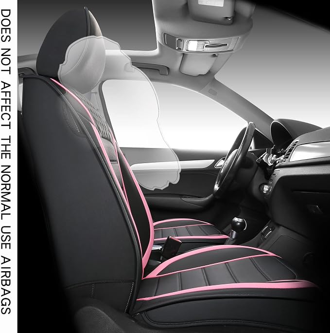 Quiln03 Leather Seat Cover 5 Seat Full, Universal Suitable for Most Cars, SUVs, Pickup Trucks, Airbag Compatible Car Seat Cushion Covers (Black&Pink)