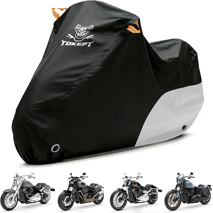 Motorcycle Cover Waterproof All Season Outdoor Protection, Fits up to 96 Inch, Compatible with Sport Bikes & Cruisers with Locking Holes & Reflective Strips (Black&Silver)