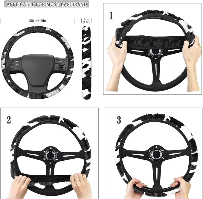 POLERO Cow Print Car Seat Cover Set 11pcs Vintage Steering Wheel Cover Auto Interior Accessories with Seatbelt Protector Pads Car Coasters and Keychains