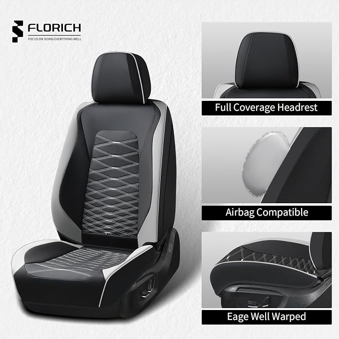 FLORICH Leather Seat Covers, Car Seat Covers Full Set, Car Seat Protector Waterproof, Front and Rear Seat Covers for Cars, Automotive Seat Covers Universal Fit for Most Cars SUV Truck - Gray&Black