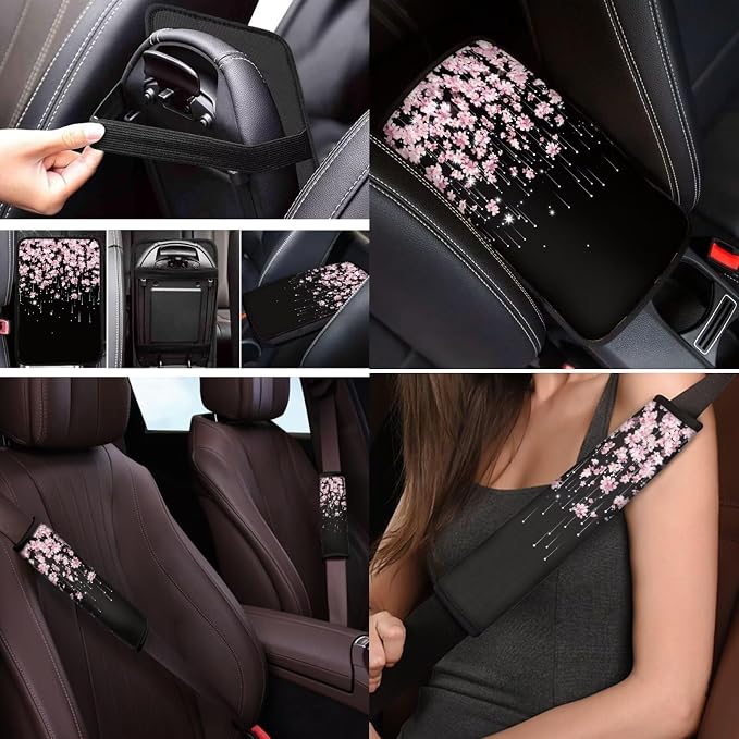 Mumeson Cherry Blossom Car Seat Covers Set with Steering Wheel Cover + Safety Seat Belt Pads + Armrest Cushion Pad for Car 8 Pack Car Accessories Decor for Womens