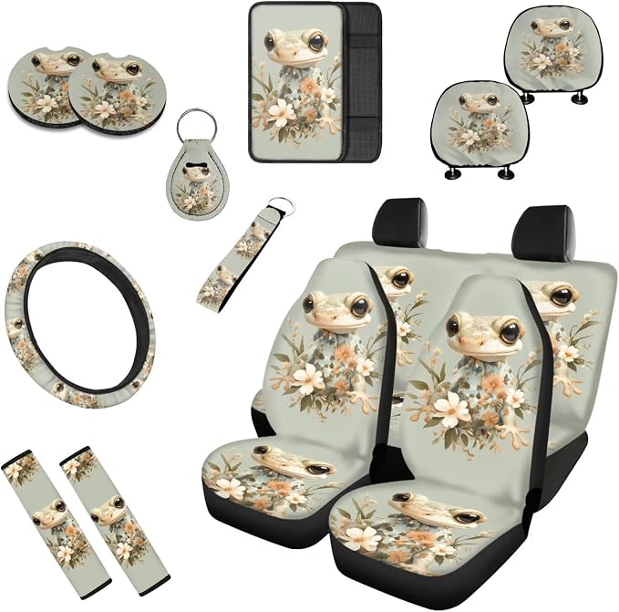 13 Pack Car Seat Covers Full Set, Leopard Gecko Seat Cover Steering Wheel Cover Lizard Seat Belt Pads, 3D Vivid Leopard Gecko Auto Front and Rear Bench Seat Protector
