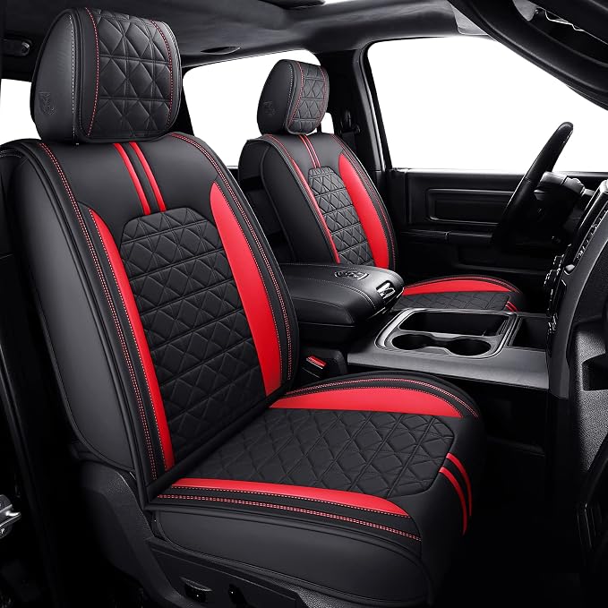 YIERTAI Seat Covers for Dodge RAM Custom Fit 2009-2025 2026 1500/2500/3500HD Big Long Horn Rebel Laramie Tradesman Crew Double Cab Quad Cab Truck Seat Protectors(2 PCS Front only/Black-Red)