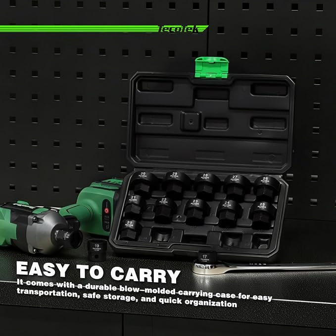 TecoTek 14-Piece 1/2-Inch Drive Metric Low Profile Impact Socket Set, Stubby Socket Set, 17mm - 30mm, No Skips Sizes, 6 Point, Cr-Mo, Shorter Socket for Tight Areas