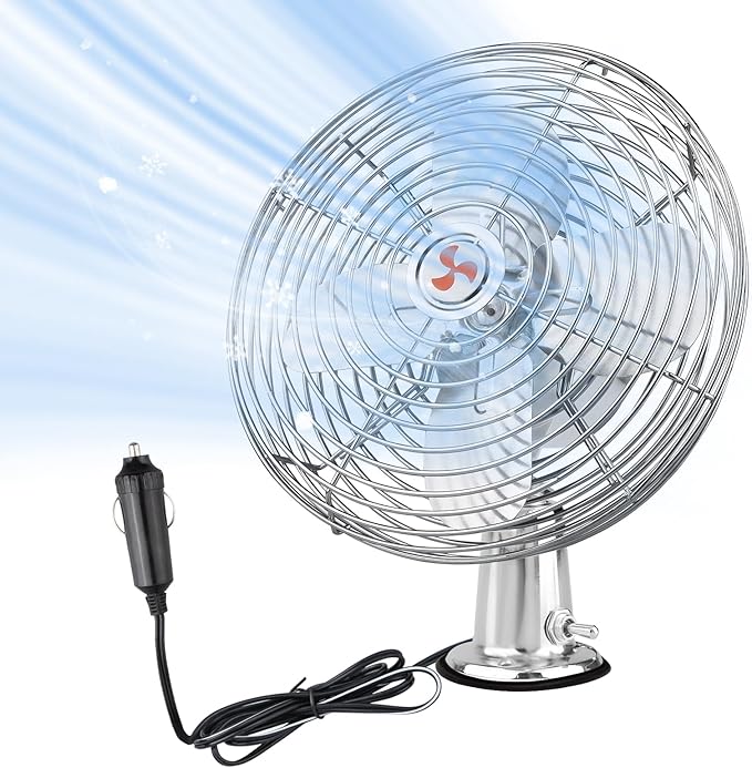 12V Portable Fan RV | Truck Cooling Heavy Duty 9" Metal Clip-On Car Fan Bus | Boat | Forklift | Car | Camper | Lawn | Mower | Tractor 2-Speed High Velocity Silver