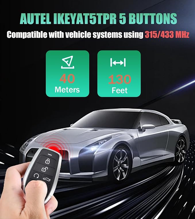 Autel MaxiIM IKEY IKEYAT5TPR Programmable Smart Key Replacement 5 Buttons Lock Unlock Air Suspension Remote Start Panic Buttons OE-Quality for 700+ Vehicles OBD Learning 40 meters/130 feet