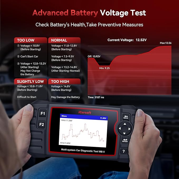 iCarsoft MB II OBD2 Scanner for Mercedes Benz/Sprinter/Smart, All System in-Depth Diagnostic Scan Tool, with Oil Reset/SAS/EPB/ETC/DF/BLD/INJ, Battery Test, Live Graph Data