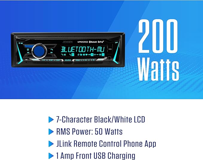 JENSEN MPR210RGB | 12-Character LCD Single DIN Car Stereo | RGB Custom Colors | Bluetooth Hands Free Calling & Music Streaming | Push to Talk Assistant | AM/FM Radio | USB Playback & Charging