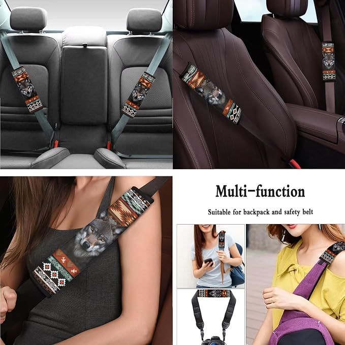 Wolf Print Car Seat Cover Full Set with Steering Wheel Cover Non Slip Seat Belt Pads Aztec Southwest Auto Seat Protector Universal Fit for Cars Trucks SUVs, Orange