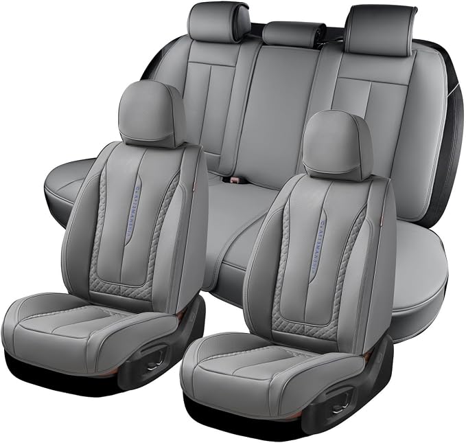 Coverado Car Seat Cover Full Set, Gray Seat Covers Front Seats Back Seat Covers, Nappa Leather Waterproof, Car Seat Cushion, Car Seat Protector Universal Fit Most Cars