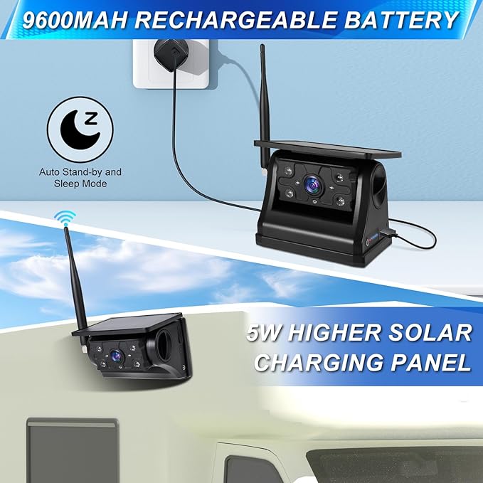 DALLUX Solar Wireless Backup Camera Monitor System Kit, 7 inch DVR Monitor+HD IP69K Waterproof Night Vision Rear View Reverse Camera for Van Trailer 5th Wheel Pickup RV Campers Motor Home