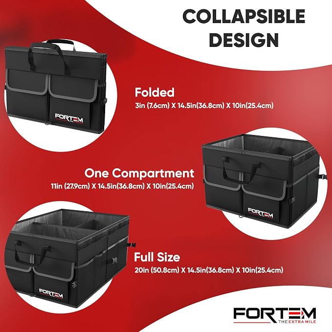 FORTEM Car Trunk Organizer (Black, Standard) + Ratchet Straps