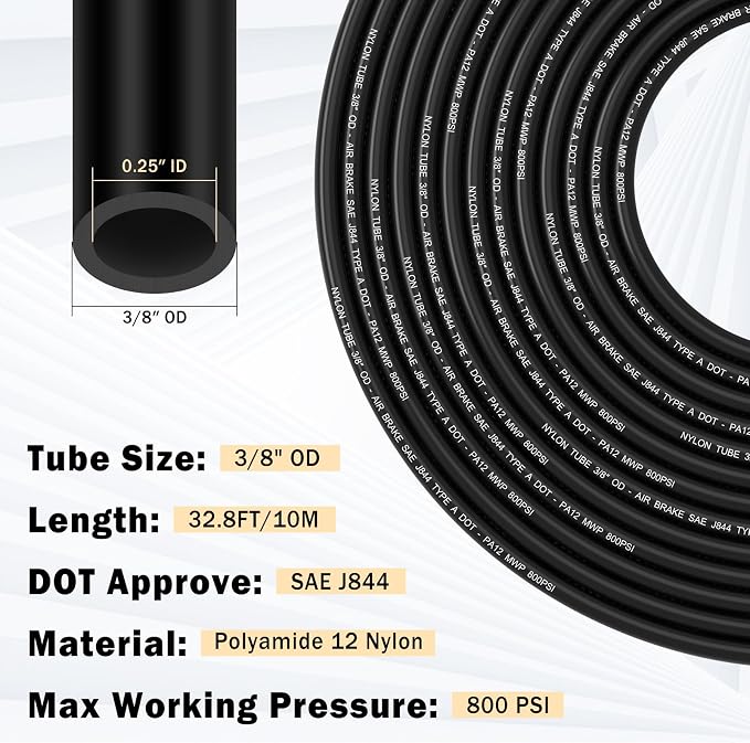 CheeMuii 3/8 Brass DOT Air Fittings With 32.8FT 3/8" DOT Air Line Kit Quick Connect DOT Air Line Fittings and PA12 Pneumatic Tubing for Semi Truck Trailer or Industrial Air System