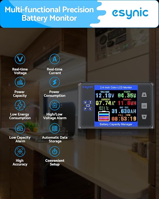 eSynic Professional Battery Monitor with Shunt-Range 10V-120V and up to 500A-2.4" Size Color Backlight LCD Display for Lead Acid/LiFePO4/Lithium-Low Voltage Alarm-Only One Battery Bank-RV/Boat etc