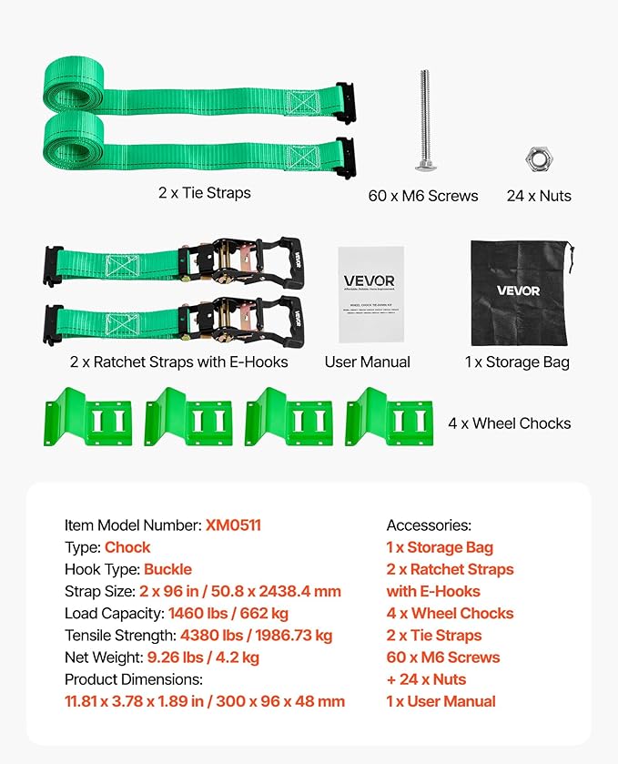 VEVOR Wheel Chock Tie-Down Kit, Chock-Style Trailer Tie Down Strap, Car Tie Down Kit with Buckle, Break Strength 4380 lbs & Working Load 1460 lbs Motorcycle System for ATVs, UTVs & Trailers