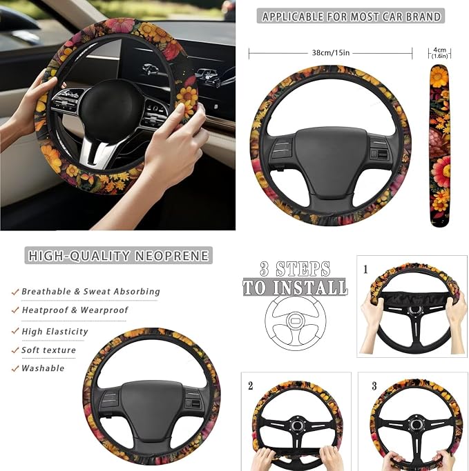 Moon Floral Owl 15Pcs Car Seat Cover Full Set Car Steering Wheel Cover Seat Belt Cover Trash Bin Front Rear View Mirror Car Cup Holder Keychain
